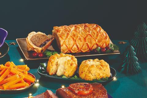 A festive spread including a vegan-friendly vegetable wellington with lattice golden pastry on top