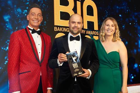 Baker of the Year 2021 Tim Goodwin (centre) with Craig Revel Horwood and Chloe Sully from sponsor Brook Food