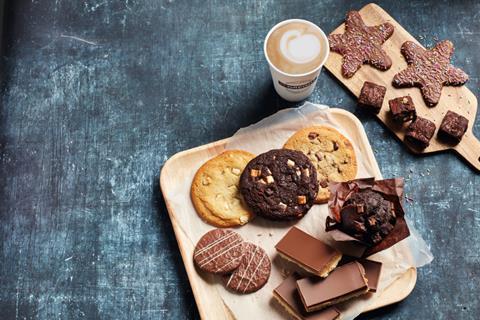 Greggs chocolate biscuits and latte