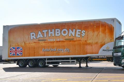 A lorry trailer with sliced bread and the word 'Rathbones' on