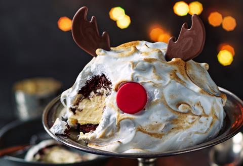 A baked Alaska with chocolate antlers and chocolate nose