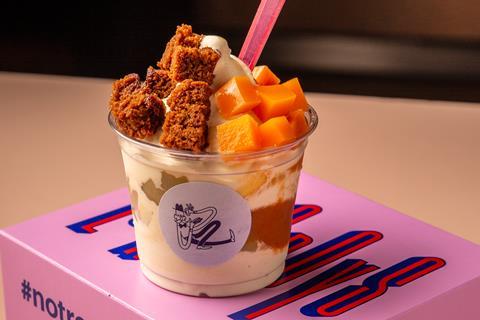 A sundae with gingerbread and poached pumpkin on top
