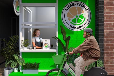 A mock-up graphic showing a Lime rider next to the new 'Lime-thru Bakery' in Shoreditch, London ahead of the event this weekend  - Lime 2100x1400