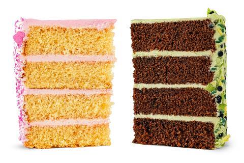 Glinda half features a light vanilla sponge while Elphaba half is a rich chocolate cake