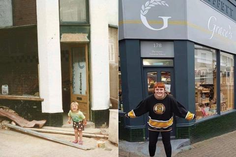 Sarah Redrup outside Grace's Bakery aged three and 23