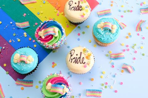 Lola's Pride Cupcakes with fizzy rainbow sweets and pride flag