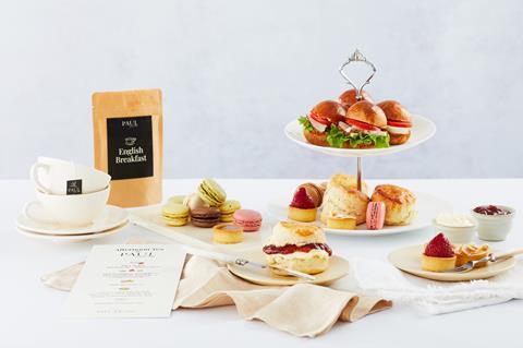 Paul afternoon tea with brioche bun sandwiches and macarons