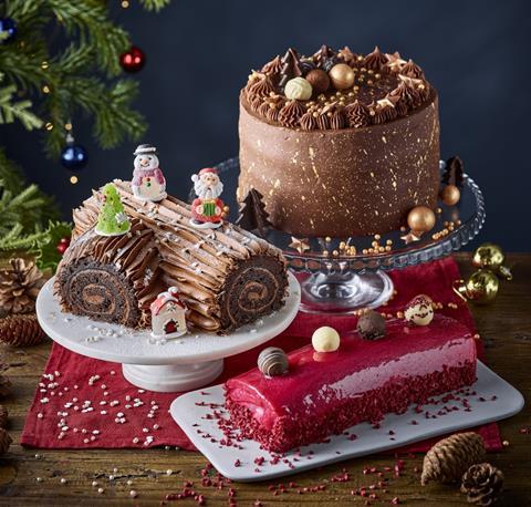 A chocolate Christmas gateau, chocolate yule log and Champagne yule log
