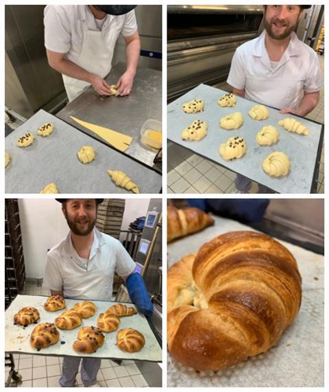 A collage of a baker making croissants from scratch