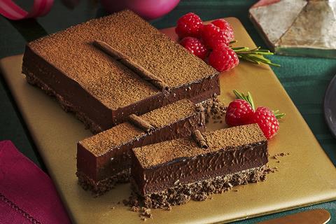 Dark Chocolate Ganache slices on a golden plate with fresh raspberries and rosemary