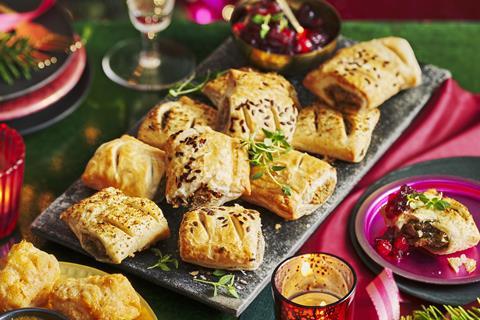 Vegan-friendly mini sausage rolls with stuffing inside