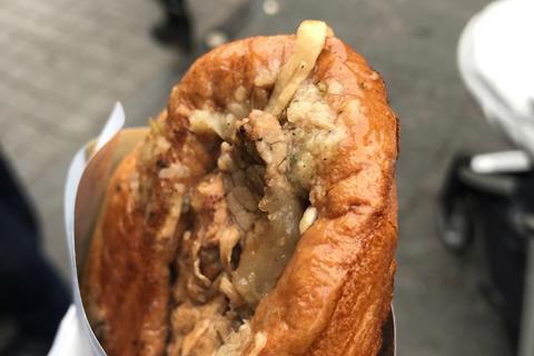 A Yorkshire pudding wrap with roast beef inside