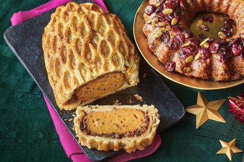 A vegan butternut wellington with a lattice pastry on top