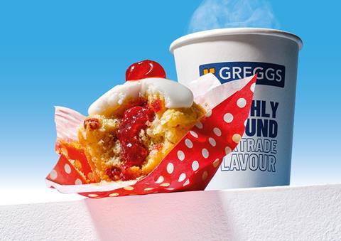 Greggs Cherry Bakewell Muffin with oozing cherry jam and a cup of hot coffee