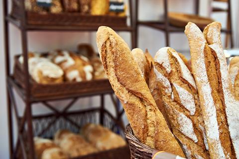 Baguettes in a basket in a bakery