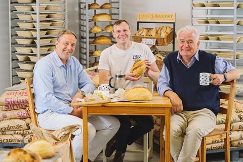 Barnaby Aldrick – Luke’s Bakery owner Luke Jenneson sits between Pipers Crisps co-founders James Sweeting (left) and Alex Albone - 2100x1400