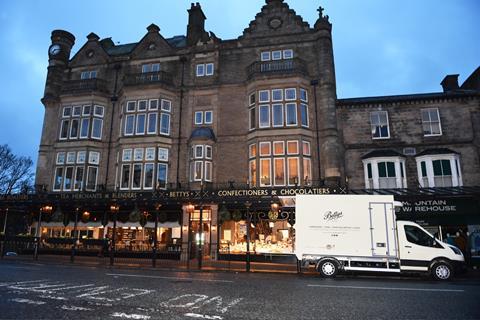 One of the electric refrigerated vehicles outside of Bettys Café Tea Room on Parliament Street in Harrogate.  2100x1400