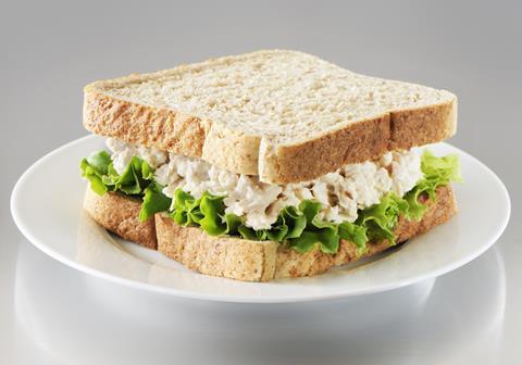 A tuna and salad sandwich on malted bread