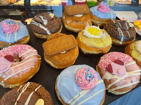 Colourful doughnuts on display at Warings Bakery
