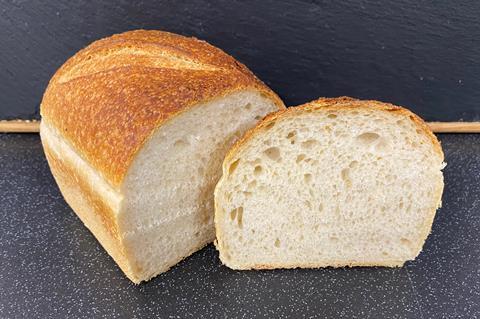 A white sourdough loaf on a blue background