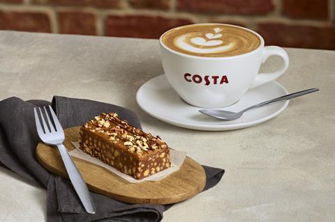 Costa and Bosh vegan slice with cup of coffee