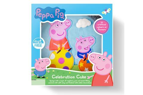 A celebration cake with Peppa Pig and her brother George on it