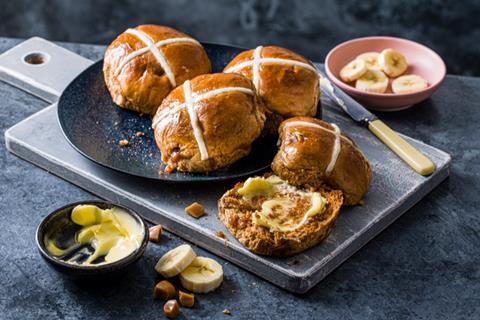 Banoffee hot cross buns with slices of banana
