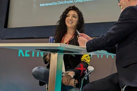 Shereen Ritche talks with Lunch group event director Chris Brazier at the Excel Centre in London last year - British Baker - 2100x1400