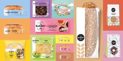 A selection of Asda's bakery products, including bread, cake and cookies, on colourful backgrounds