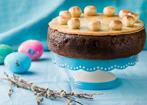 Simnel cake on a blue background