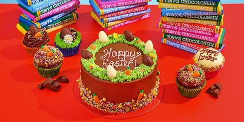 Tony's Chocolonely bars and Easter themed celebration cake