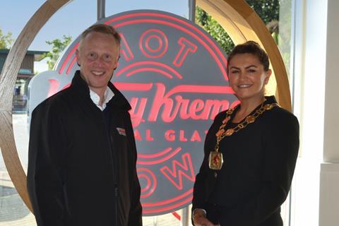 Jamie Dunning and Councillor Suna Hurman, Mayor of Enfield, at Krispy Kreme UK's 20th birthday celebrations