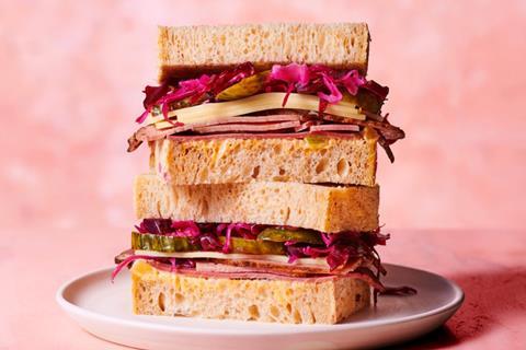 Sourdough Sophia -  Sandwich featuring pastrami, Emmental, pickles, slaw, and jalapeno jelly on N8 sourdough - 2100x1400