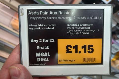 Asda - Allergen and calorie information for a pain aux raisin is displayed on a digital label at an Asda Express in-store bakery - 2100x1400
