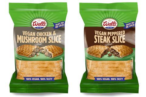 Wall's vegan chicken & mushroom slice and peppered steak slice in packaging