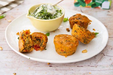 Spinach & Red Pepper savoury muffins on a white plate with tzatziki