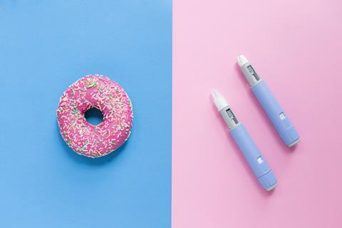 A doughnut and weight-loss jabs on pink and blue background