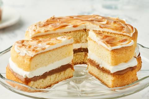 A vegan sponge cake smothered in caramel flavoured frosting