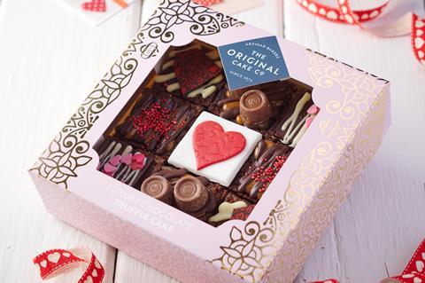 Chocolate Valentine's cake squares in a box