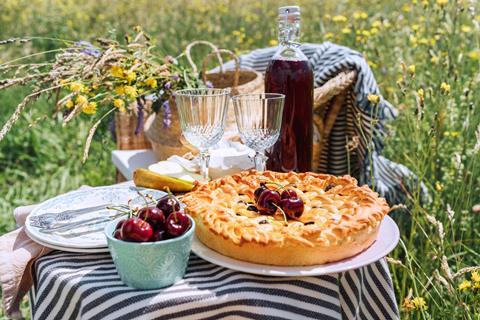 A cherry pie picnic in a flowery field