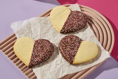 Heart shaped shortbread biscuits dipped in chocolate