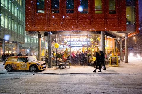 Which Wich Superior Sandwich shop at Central Saint Giles in London on a snowy winter's evening.  2100x1400