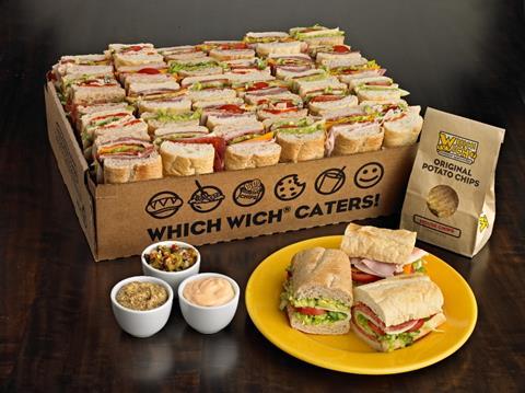 A crate of Which Wich hot sandwiches for catering
