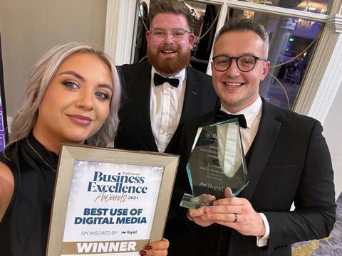 Dougie's Goodies Aaron Wallace (centre) and marketing colleagues celebrate winning Best Use of Digital Media at the Ballymena Business Excellence Awards 2024 - 2048x1536