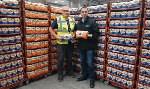 Roberts Bakery - FareShare Greater Manchester driver Duncan Hadfield accepting bread donation from Will Harrop, sustainability manager at Robert’s Bakery