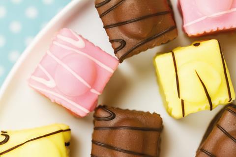 Yellow pink and chocolate fondant fancies