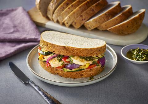 A sandwich made with Hovis Rustic Granary Bloomer bread, halloumi and grilled vegetables.