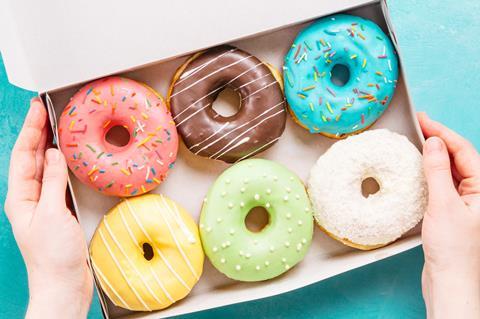 Colourful doughnuts in box