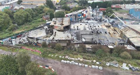 A West Midlands Police drone shot shows the extent of the damage cause by fire at the David Wood Foods bakery site in Dudley.  West Midlands Fire Service