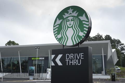 A Starbucks drive-thru at Welcome Break Sarn Services 